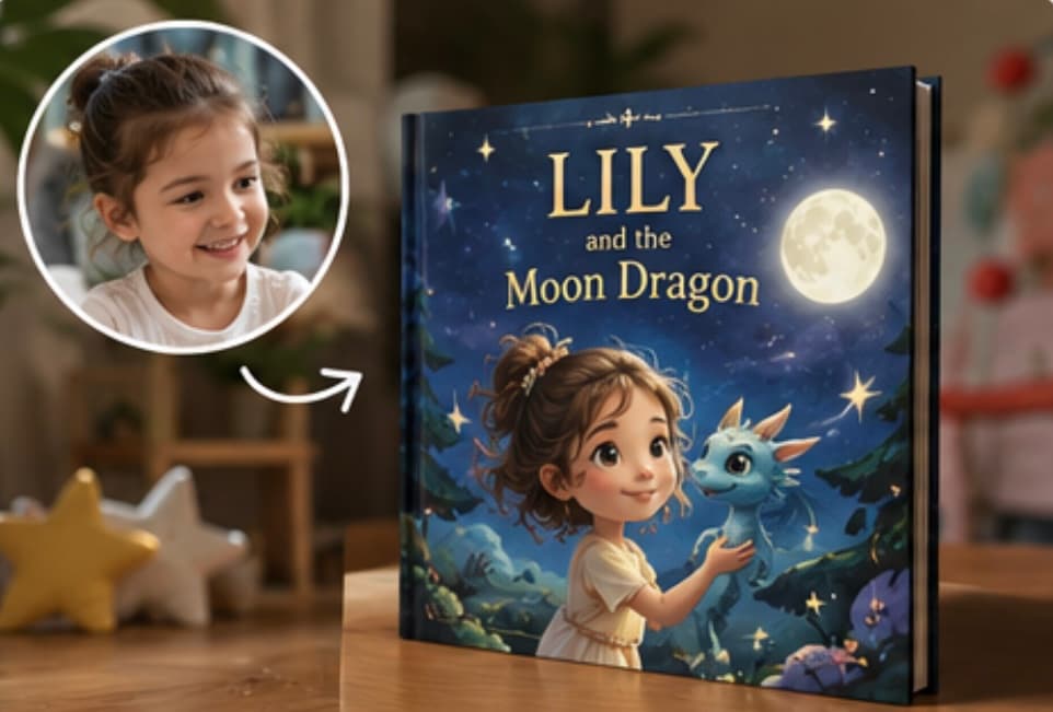 A photo of a child becomes an illustrated character on the cover of her own personalised storybook, Lily and the Moon Dragon