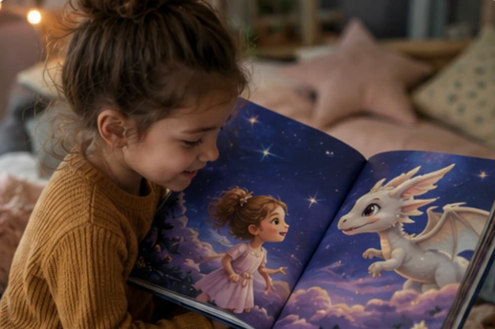 A girl reading an inside spread of her storybook, showing her illustrated character meeting a dragon