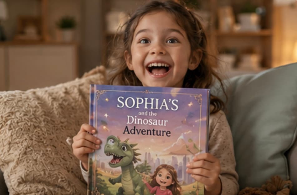 A girl laughing as she holds up her own hardcover storybook, Sophia and the Dinosaur Adventure