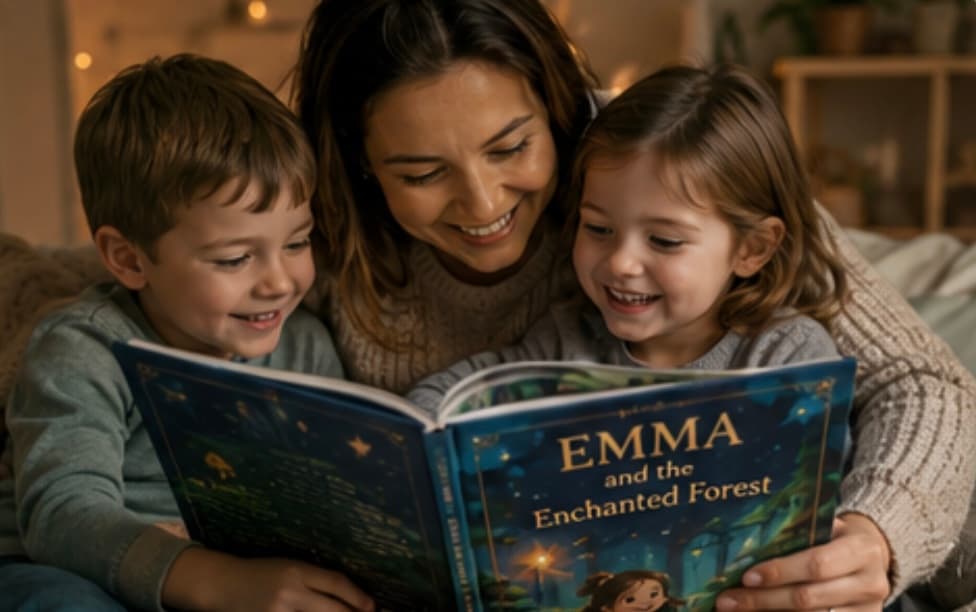 A parent reading a personalised storybook, Emma and the Enchanted Forest, with two children