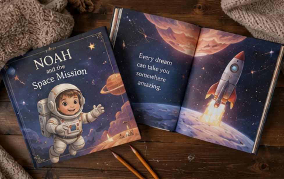 A personalised hardcover, Noah and the Space Mission, lying open beside its cover to show an inside spread